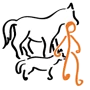 Pictogramme de la médiation animale : une personne avec un cheval et un chien